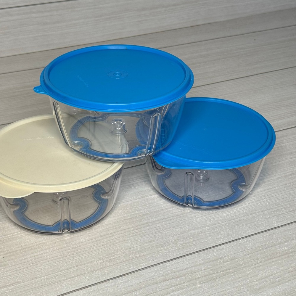 Tupperware Quick Chef Jr Food Processor Chopper Bowls Set of 3 Blue & Cream